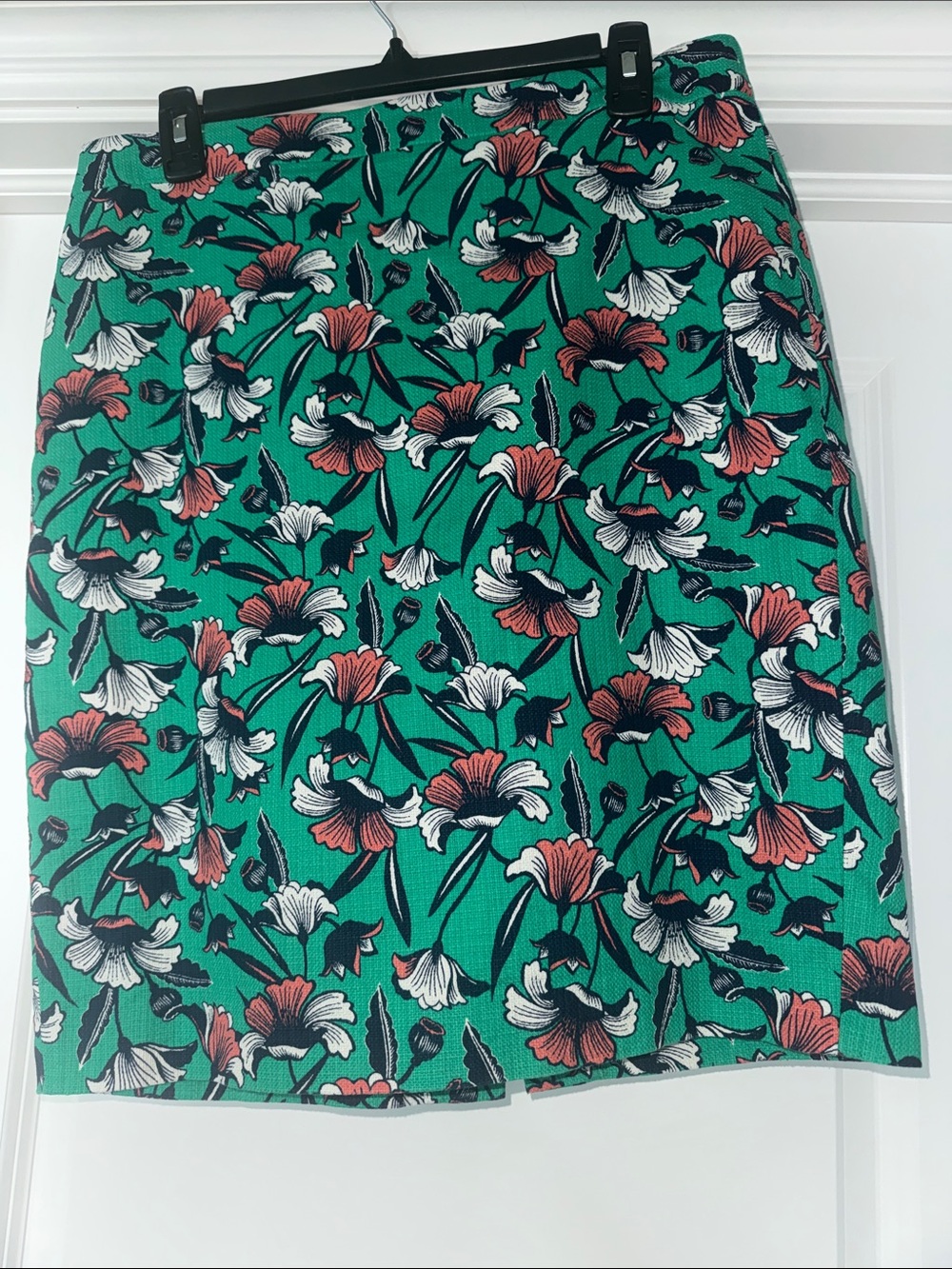 J. Crew Green Floral Pencil Skirt with Coral and White Blooms